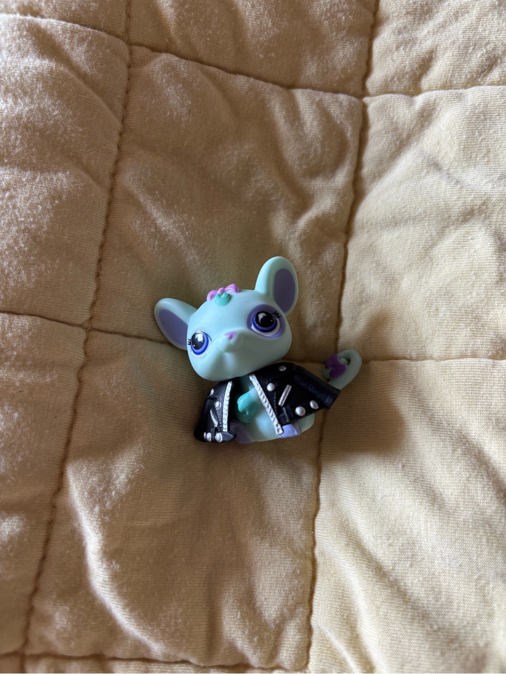 Littlest Pet Shop Mint Green Figurine with Black Jacket and Purple Accents